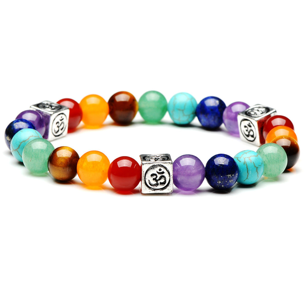 Wholesale 2pcs Square OM Alloy Qimai Yoga Colorful Energy Stone Bracelet